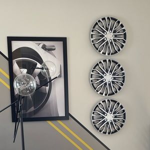 Three 17” Silver Hub Cap Wall Decor